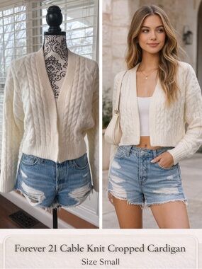 Forever 21 Ivory Cable Knit Cropped Cardigan